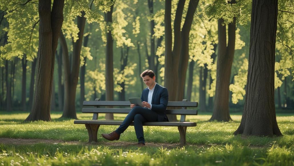 Person browsing tablet under trees, blending nature with digital simplicity and sustainability.