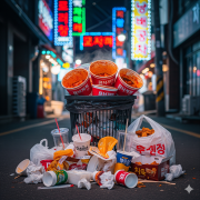 An overflowing trash can in a Korean city alleyway at night, filled with discarded single-use containers and packaging from popular late-night food.