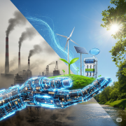 A futuristic digital hand, made of glowing circuits, is nurturing a tiny green sprout.