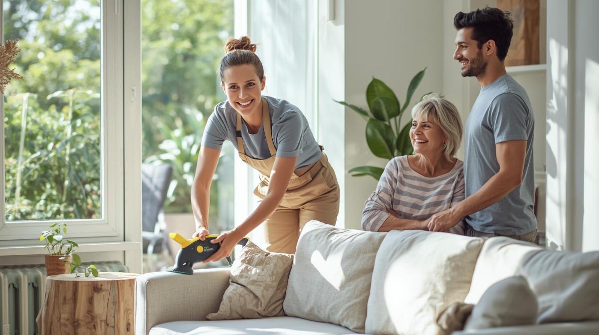 Smiling cleaner restores sofa while homeowners watch, bright eco-friendly home setting with sunlight.