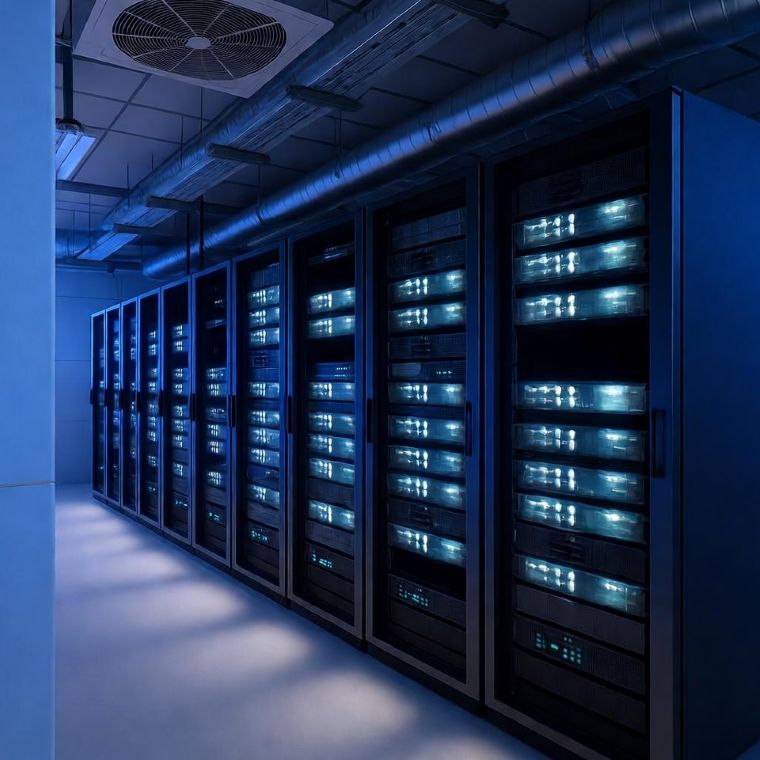data centre with rows of servers and cooling systems