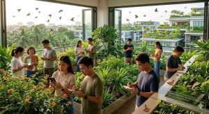 Group of volunteers using smartphones and notebooks to observe birds and plants in a green park, citizen science activity, environmental monitoring