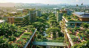 Urban green city with rooftop gardens, trees, birds, and butterflies thriving among modern buildings, sustainable city landscape, bright natural lighting, eco-friendly urban design