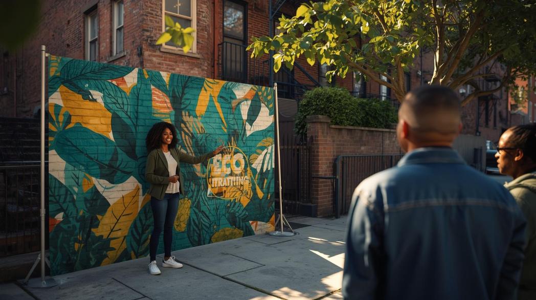 Young organizer discussing eco themed campaign mural with neighbor on sunny New York street.