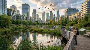 A restored urban wetland surrounded by modern city buildings, elevated walking paths, native plants, birds flying over reflective water, sustainable city infrastructure, people observing wildlife