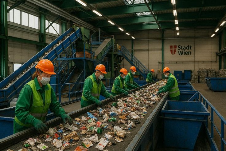 waste sorting facility in Vienna with conveyor belts and recycling workers